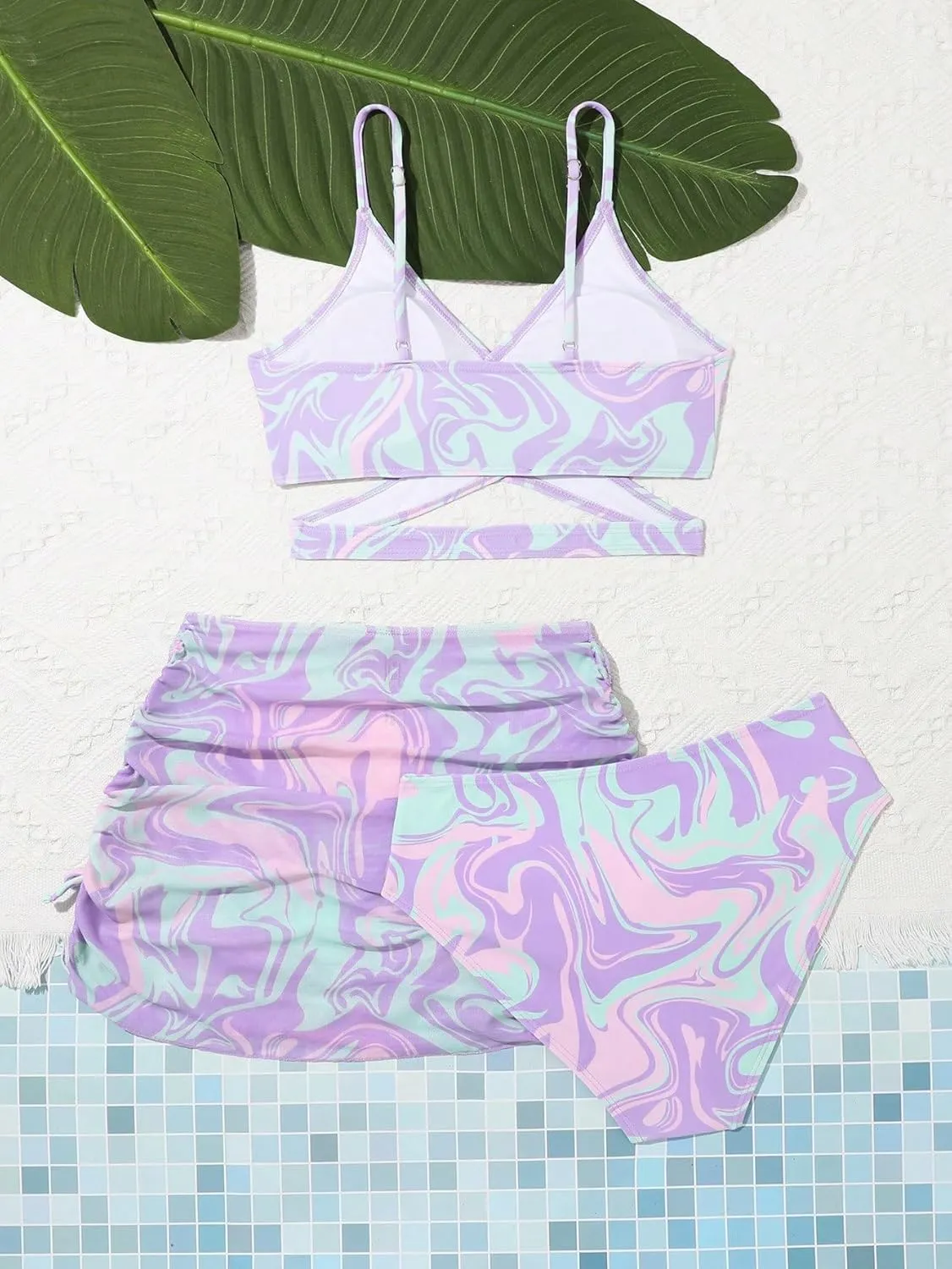 Milumia Girl's 3 Pieces Bikini Set Tropical Print Criss Cross Wrap Bathing Suit with Beach Skirt