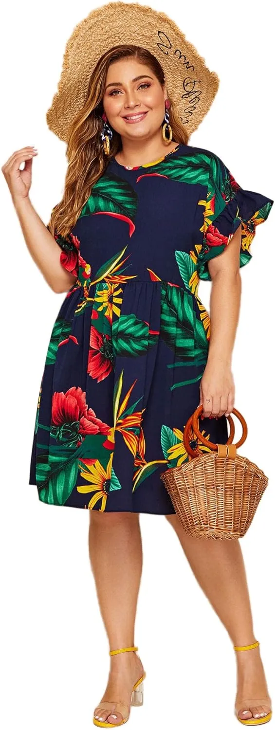 Milumia Women's Plus Size Tropical Leaf Print Ruffle Sleeve Pleated Short Dress