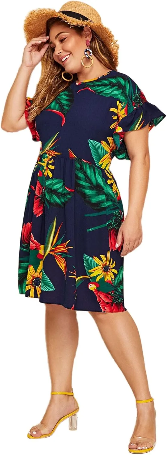 Milumia Women's Plus Size Tropical Leaf Print Ruffle Sleeve Pleated Short Dress