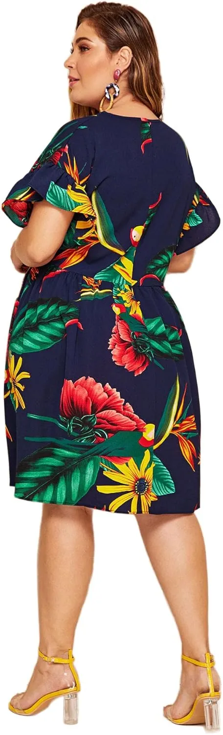 Milumia Women's Plus Size Tropical Leaf Print Ruffle Sleeve Pleated Short Dress
