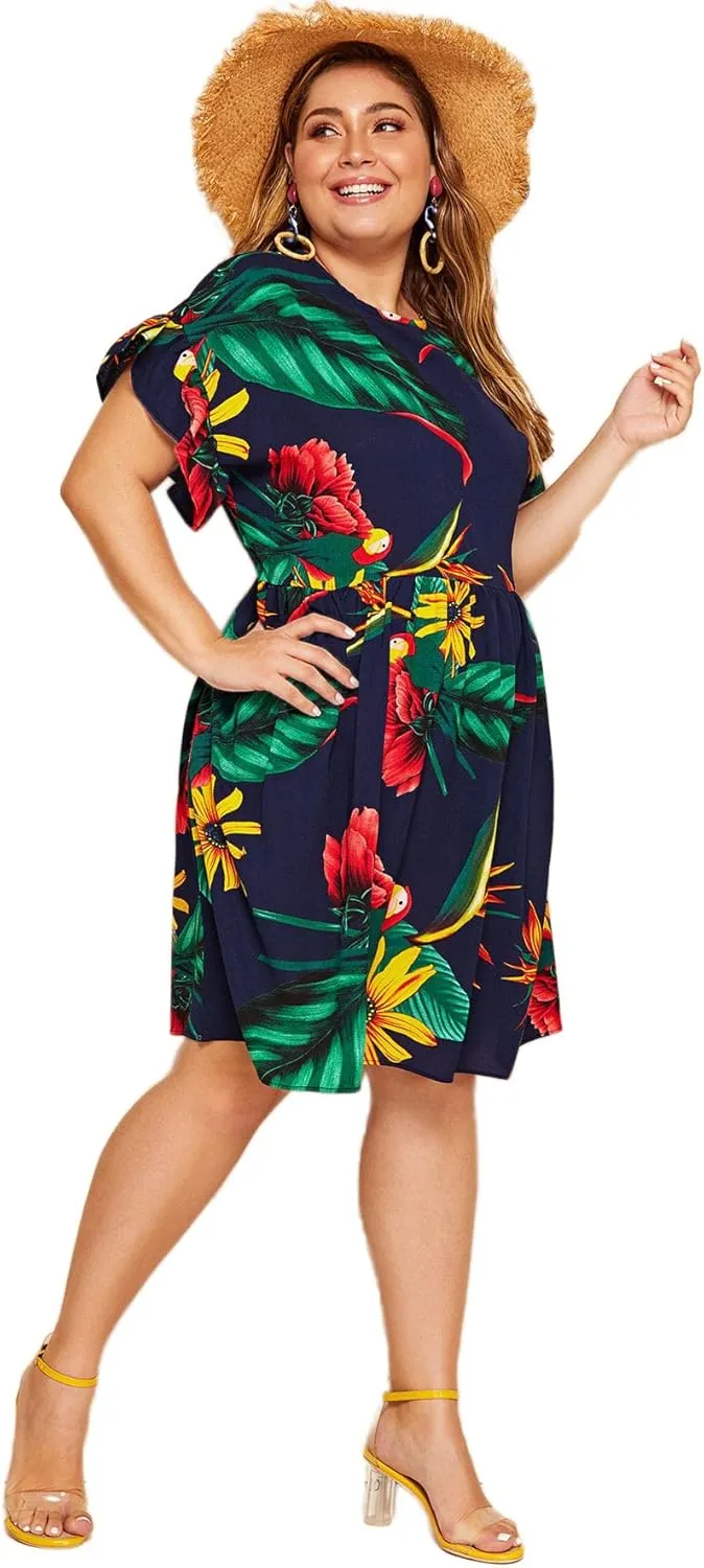 Milumia Women's Plus Size Tropical Leaf Print Ruffle Sleeve Pleated Short Dress