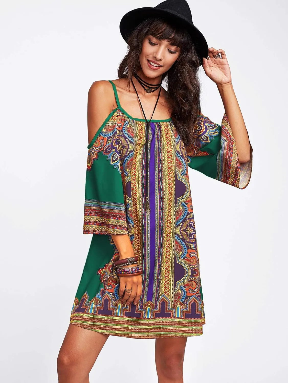 Milumia Women's Vintage Print Kimono Sleeve Geometric Tunic Boho Dress