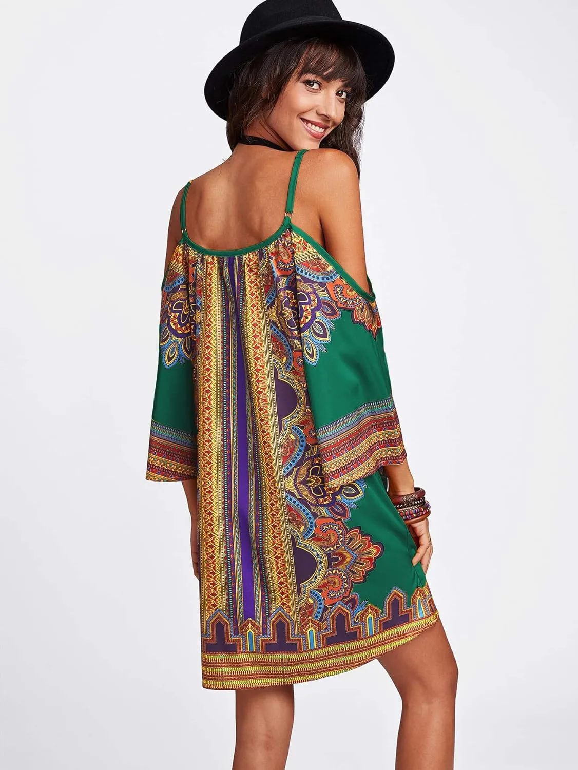 Milumia Women's Vintage Print Kimono Sleeve Geometric Tunic Boho Dress
