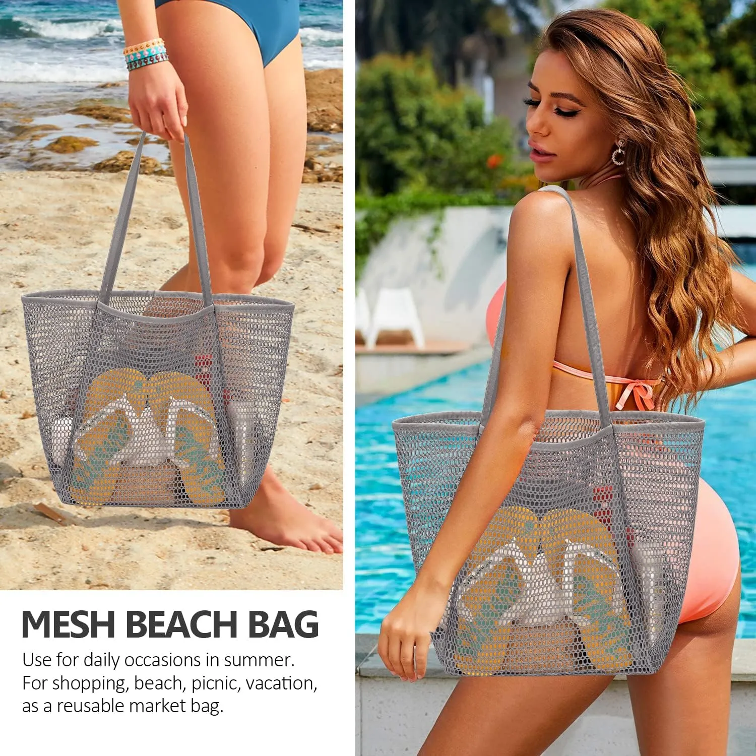 MOLERFO Beach Bag Mesh Tote Bag, Upgraded Beach Bags for Women Mesh Bag Hobo Bag Beach Accessories