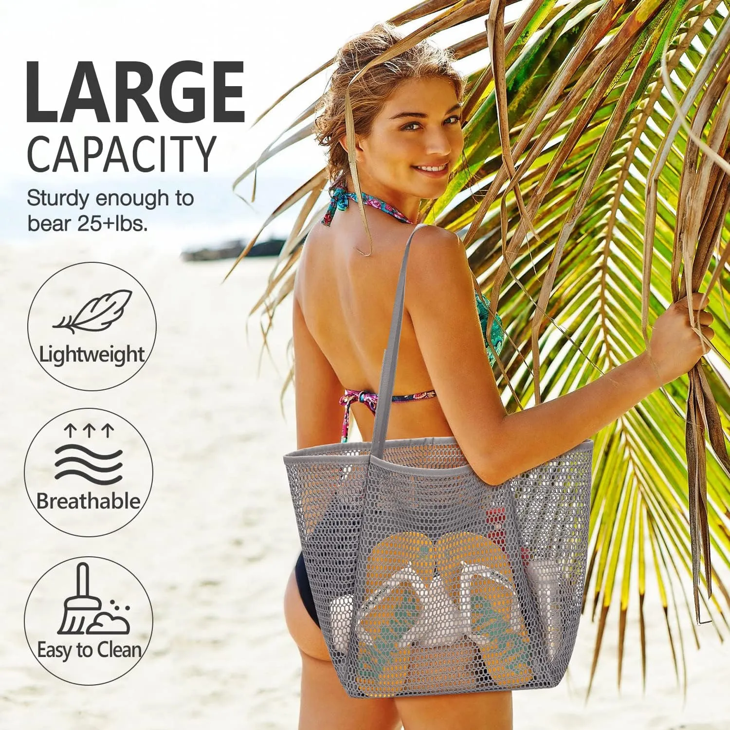 MOLERFO Beach Bag Mesh Tote Bag, Upgraded Beach Bags for Women Mesh Bag Hobo Bag Beach Accessories