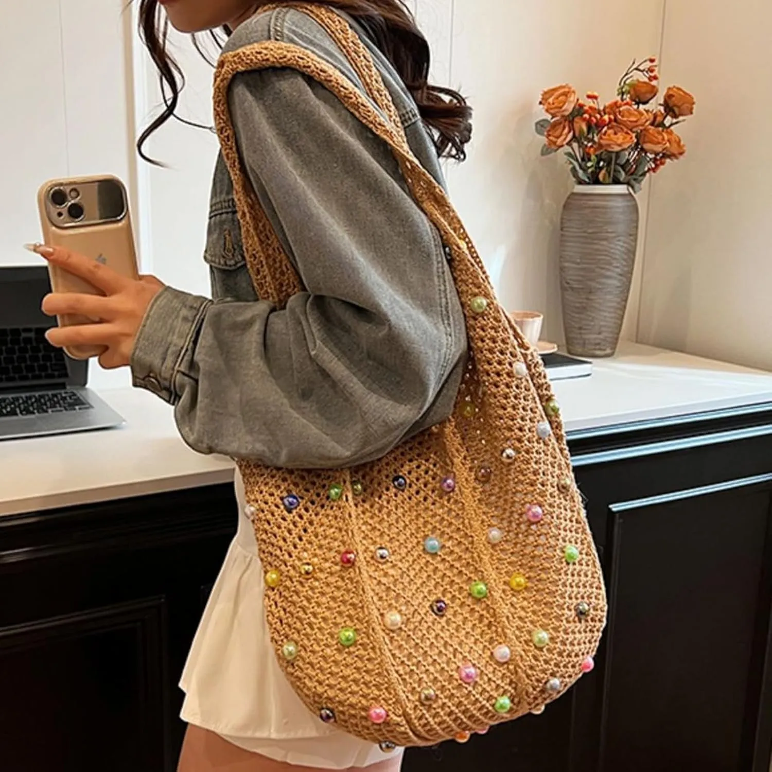 MOLERFO Crochet Pearl Mesh Tote Bag Y2k Accessories Hobo Bag Knit Bags Beach Shoulder Handbags for Women Travel Vacation
