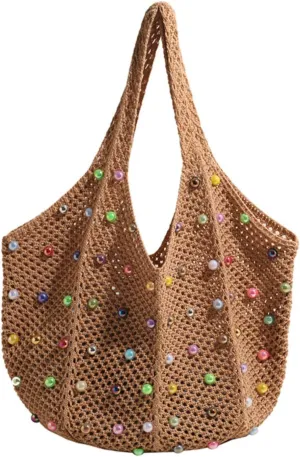 MOLERFO Crochet Pearl Mesh Tote Bag Y2k Accessories Hobo Bag Knit Bags Beach Shoulder Handbags for Women Travel Vacation