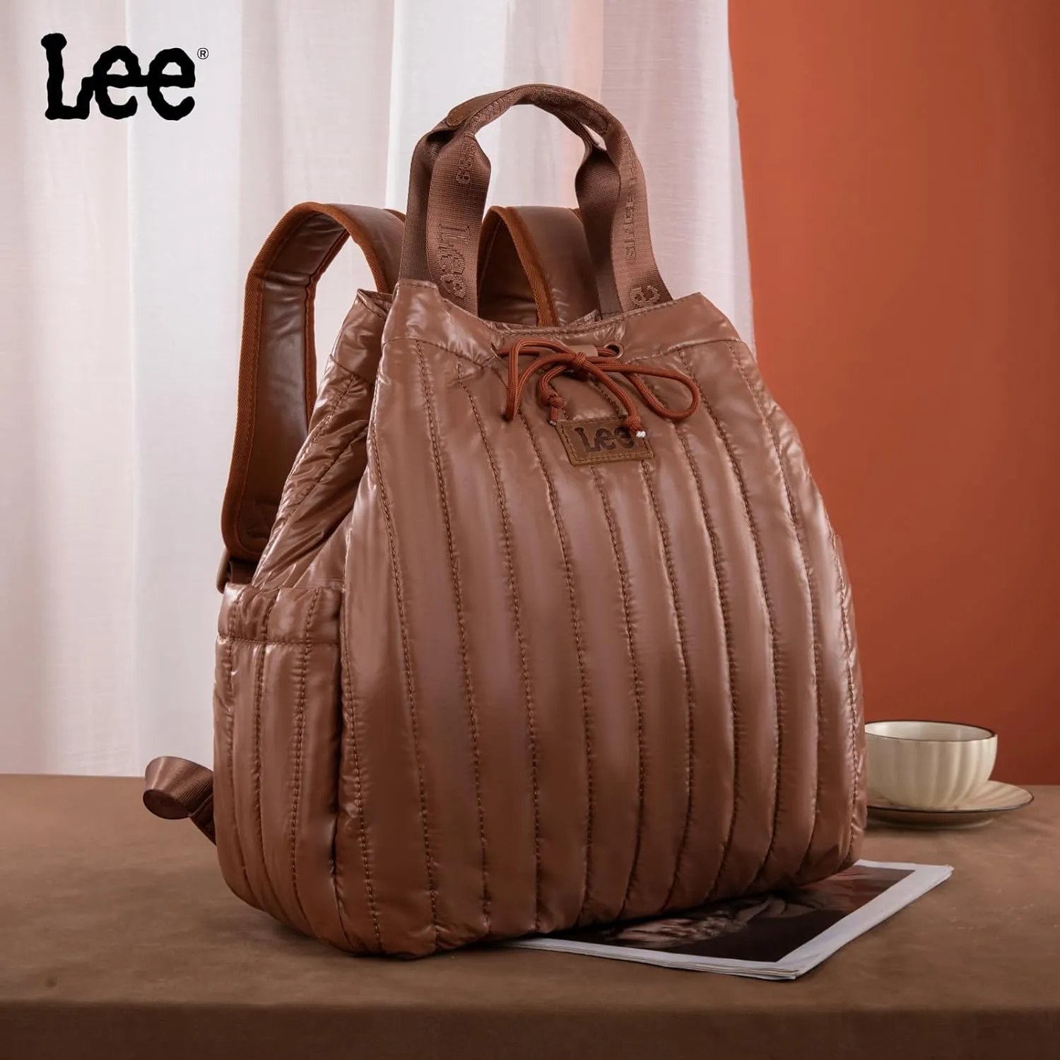 Montana West x Lee Puffer Backpack Purse for Women Quilted Travel Fashion Backpack Daypack Ladies Casual Drawstring Bag Brown