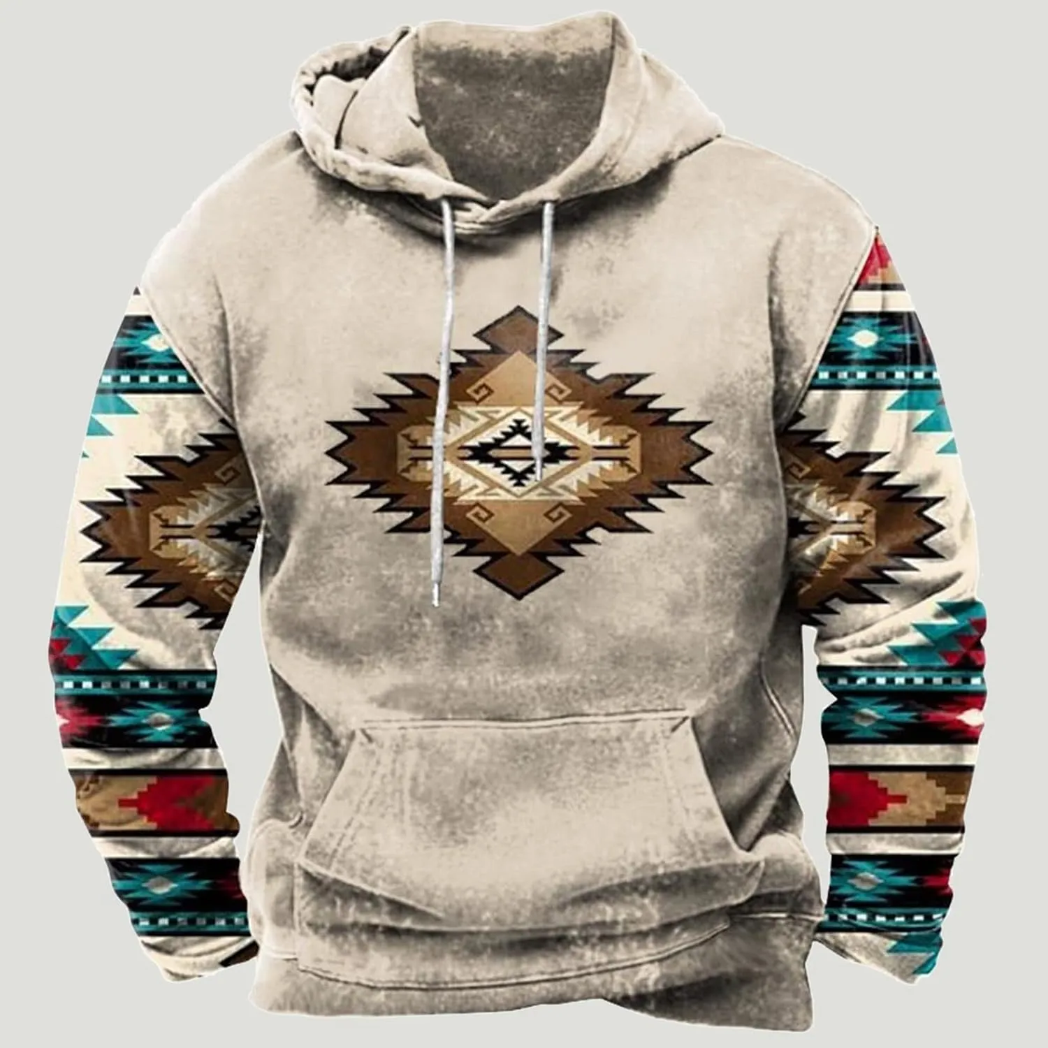 Muscularfit Hoodies for Men Fashion Drawstring Aztec Ethnic Print Hooded Sweatshirts Casual Long Sleeve 4th Of July Shirts