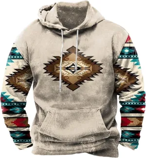 Muscularfit Hoodies for Men Fashion Drawstring Aztec Ethnic Print Hooded Sweatshirts Casual Long Sleeve 4th Of July Shirts