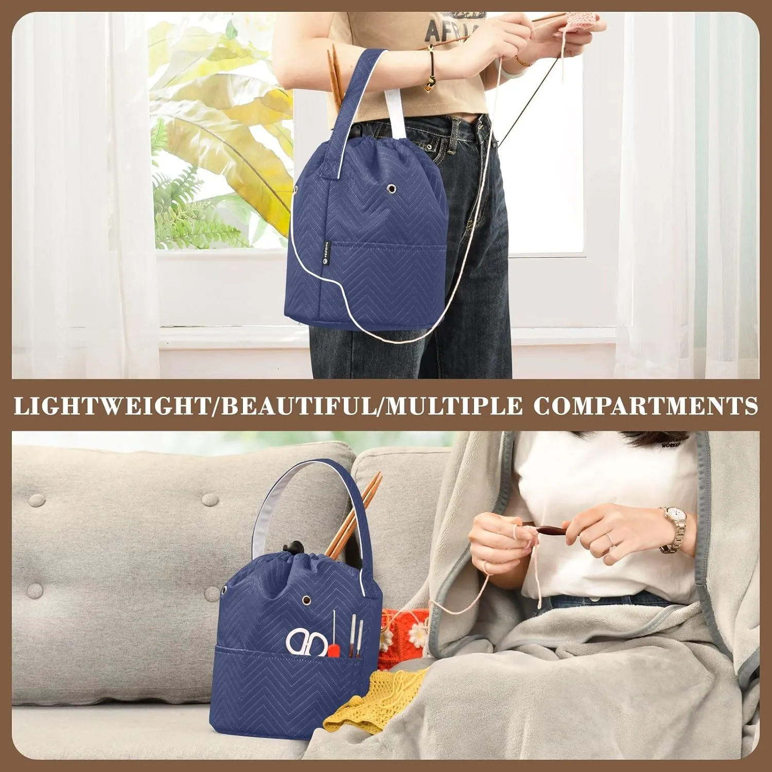 Noble Blue Crochet Bag Large Capacity Crochet Bag Knitting and Crochet Organizer Bag 8.3 x 11 Inch