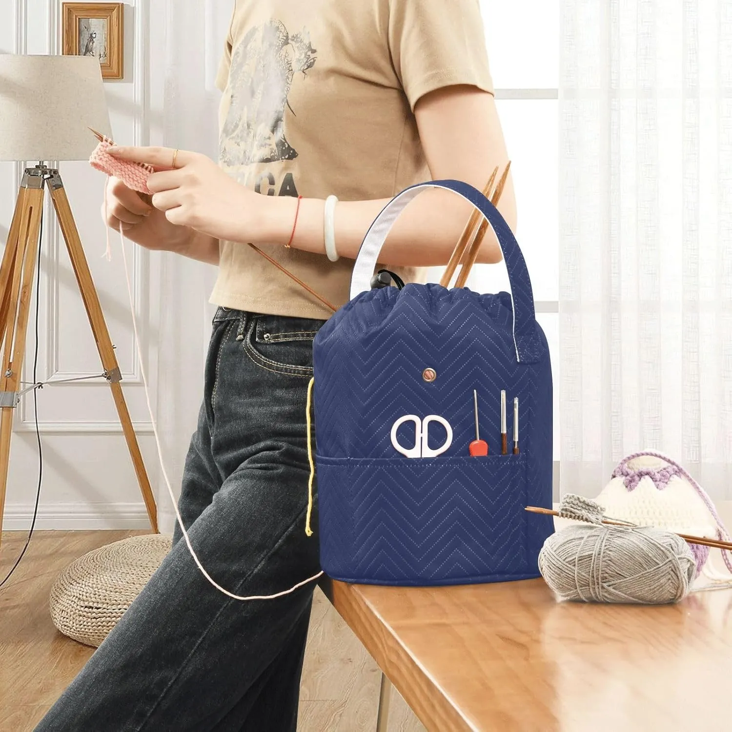 Noble Blue Crochet Bag Large Capacity Crochet Bag Knitting and Crochet Organizer Bag 8.3 x 11 Inch