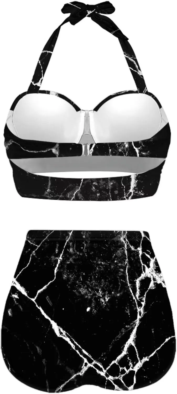 Novelty Print Women's Halter Bikini Set, Trendy 2 Piece Tummy Control High-Waisted Bathing Suits