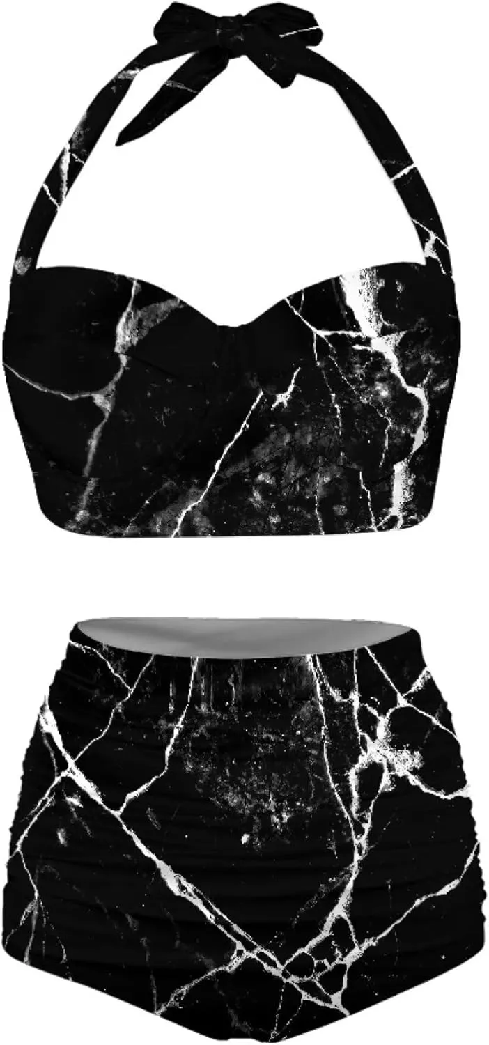 Novelty Print Women's Halter Bikini Set, Trendy 2 Piece Tummy Control High-Waisted Bathing Suits