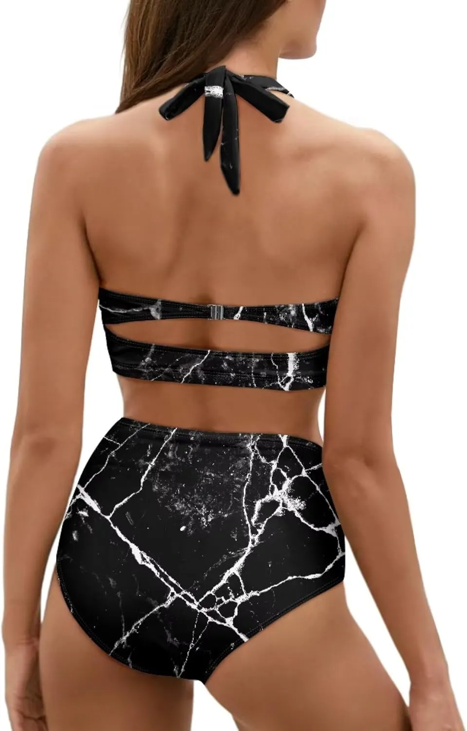 Novelty Print Women's Halter Bikini Set, Trendy 2 Piece Tummy Control High-Waisted Bathing Suits