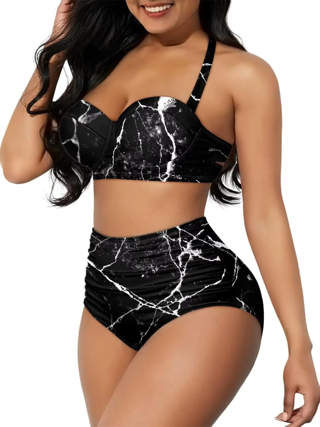 Novelty Print Women's Halter Bikini Set, Trendy 2 Piece Tummy Control High-Waisted Bathing Suits