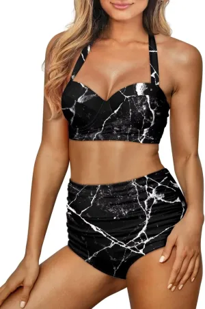 Novelty Print Women's Halter Bikini Set, Trendy 2 Piece Tummy Control High-Waisted Bathing Suits