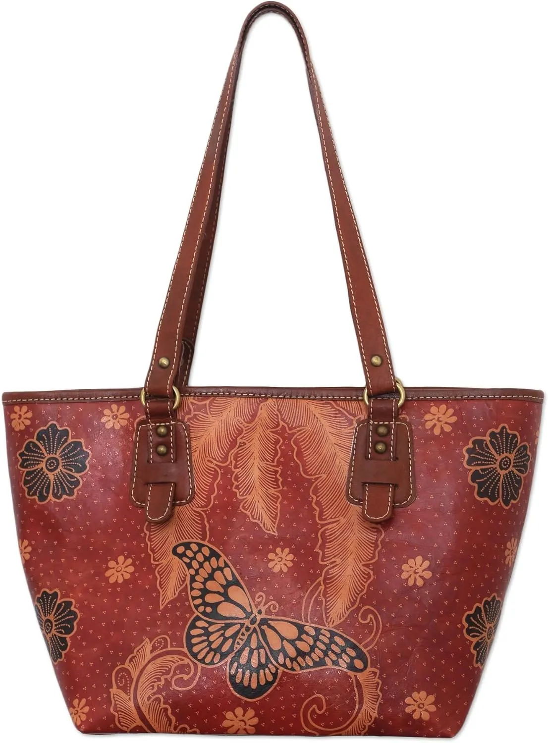 NOVICA Artisan Handmade Batik Leather Shoulder Bag Butterfly from Java Handbags Brown Tote Painted Indonesia Animal Themed Floral Bug Butterflybutterfly ' Queen of Flowers'