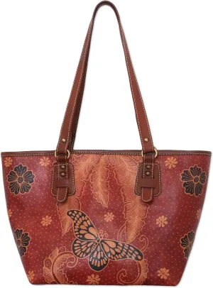 NOVICA Artisan Handmade Batik Leather Shoulder Bag Butterfly from Java Handbags Brown Tote Painted Indonesia Animal Themed Floral Bug Butterflybutterfly ' Queen of Flowers'