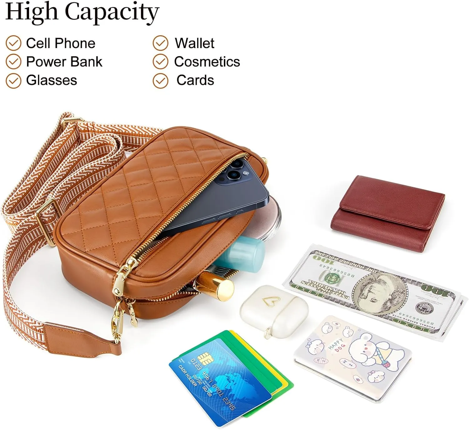 nuoku Quilted Crossbody Bags for Women Wallet Purse with Phone Pocket, Small Travel Purses Anti Theft, Wide Guitar Strap