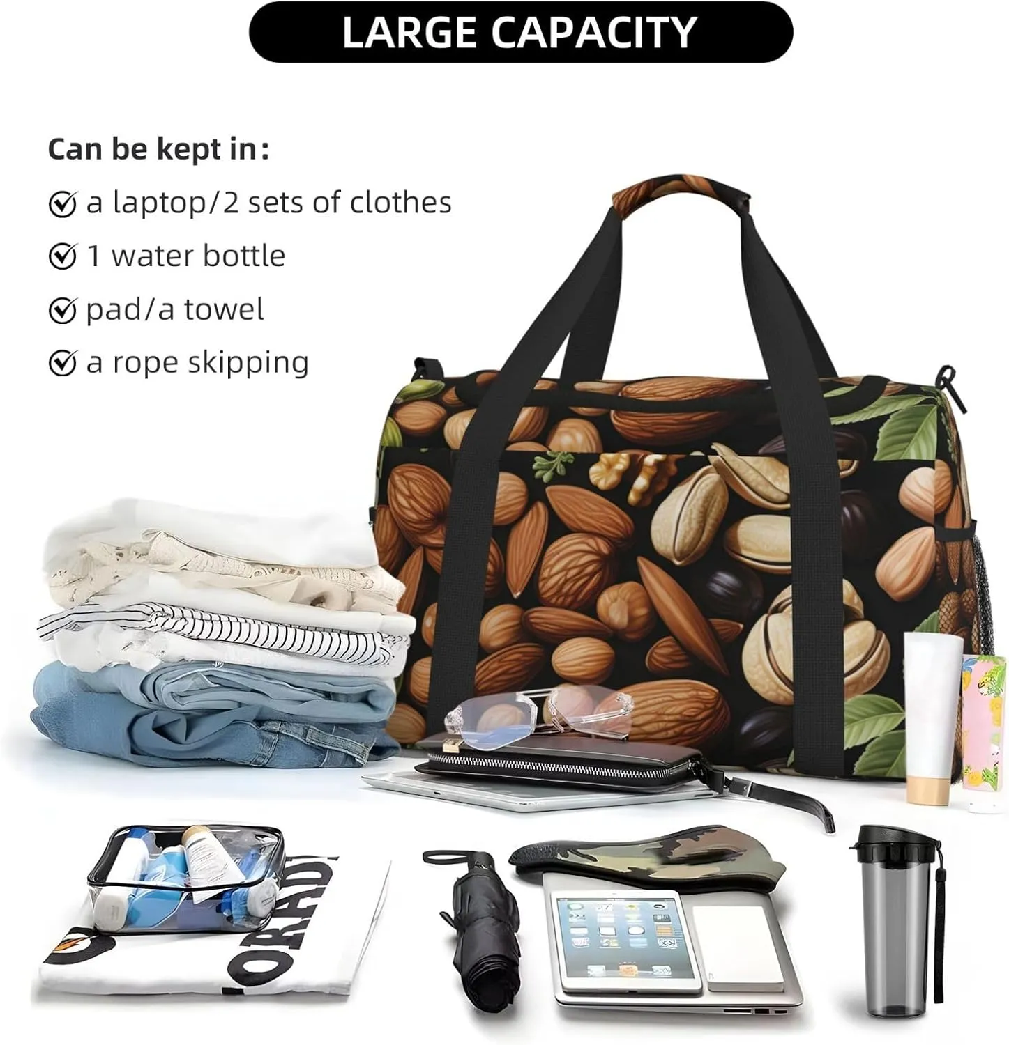 Nut Food Leaf Duffle Bag Foldable Travel Tote Bag Carry On Large Weekender Overnight Bags Waterproof Gym Bag For Women Men