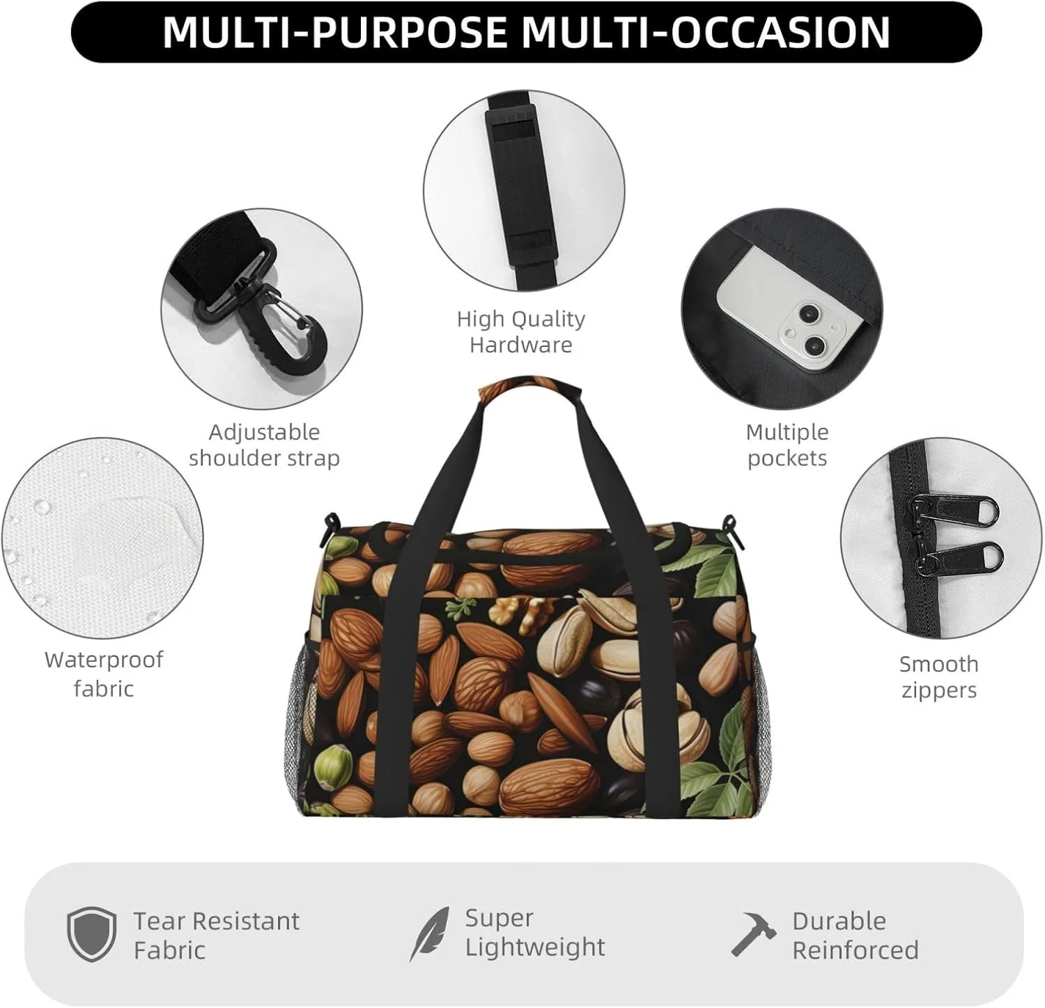 Nut Food Leaf Duffle Bag Foldable Travel Tote Bag Carry On Large Weekender Overnight Bags Waterproof Gym Bag For Women Men