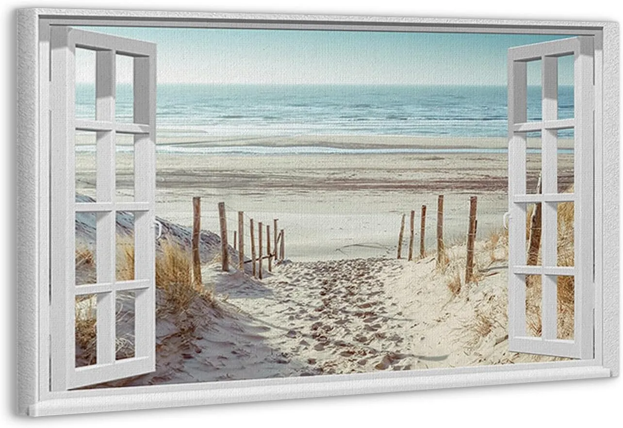 Ocean Beach Wall Art Nature Landscape Pictures Modern Canvas Printed Posters Ocean Summer Landscape Contemporary Wall Art for Bedroom Bathroom Hallway Unframed 16x24 inch