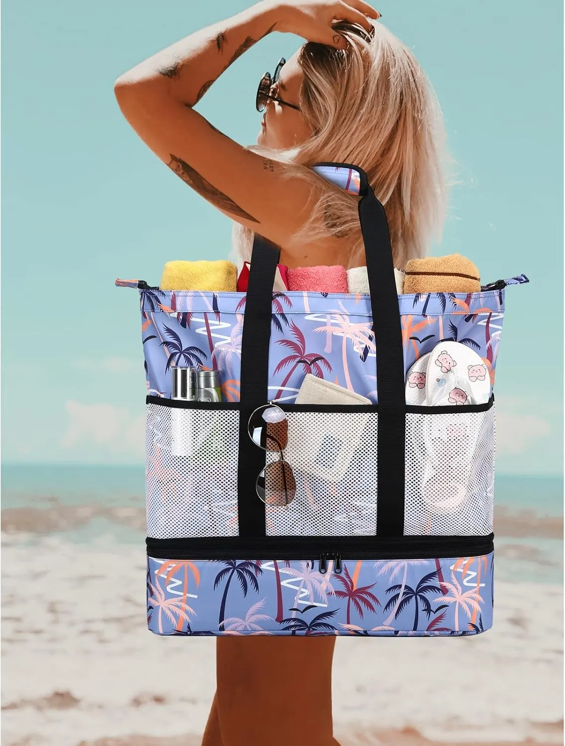 Octsky Beach Bags with Cooler Women Beach Tote Bag Waterproof Sandproof Zipper Large Pool Bag 9 Pockets