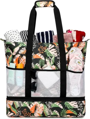 Octsky Beach Bags with Cooler Women Beach Tote Bag Waterproof Sandproof Zipper Large Pool Bag 9 Pockets
