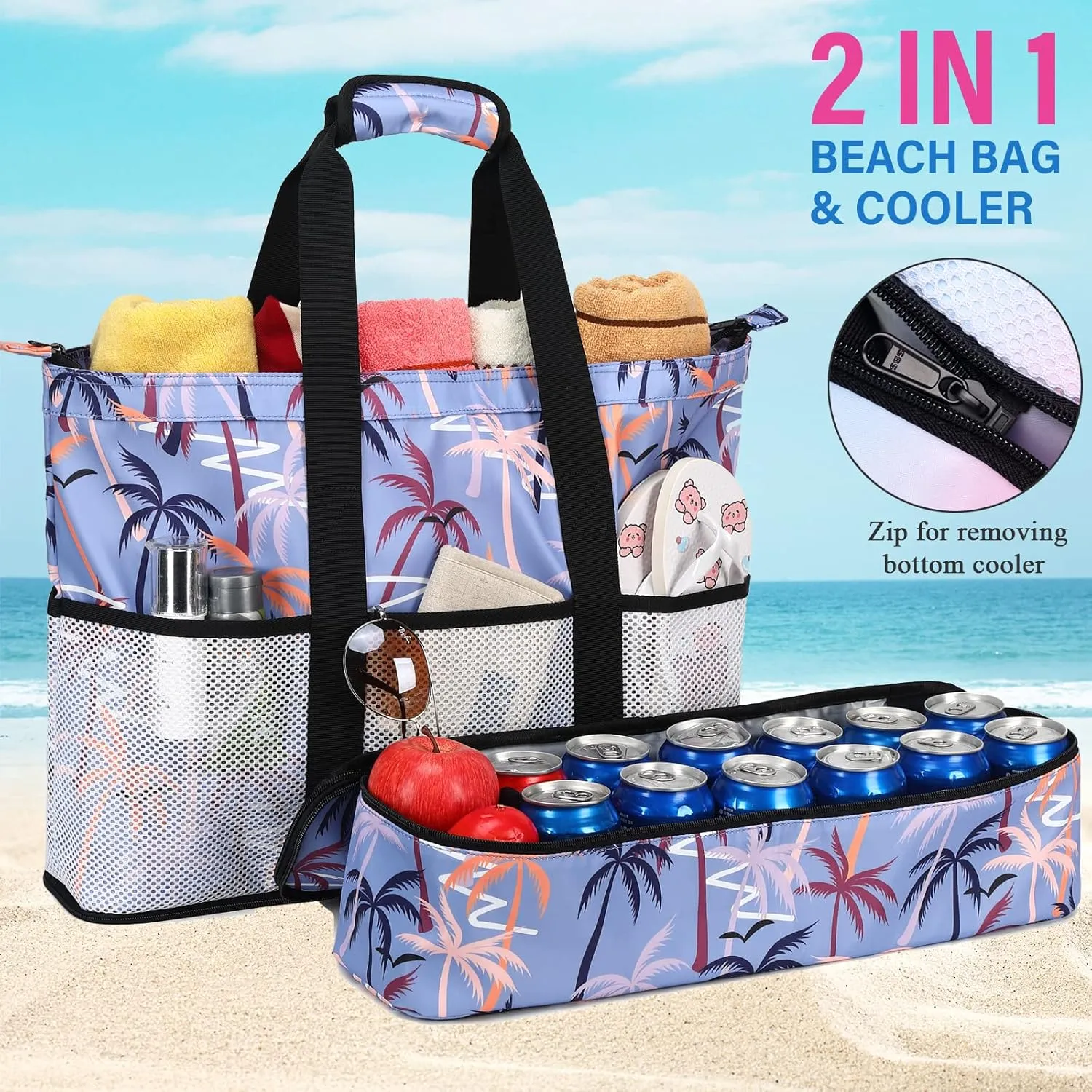 Octsky Beach Bags with Cooler Women Beach Tote Bag Waterproof Sandproof Zipper Large Pool Bag 9 Pockets