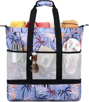Octsky Beach Bags with Cooler Women Beach Tote Bag Waterproof Sandproof Zipper Large Pool Bag 9 Pockets
