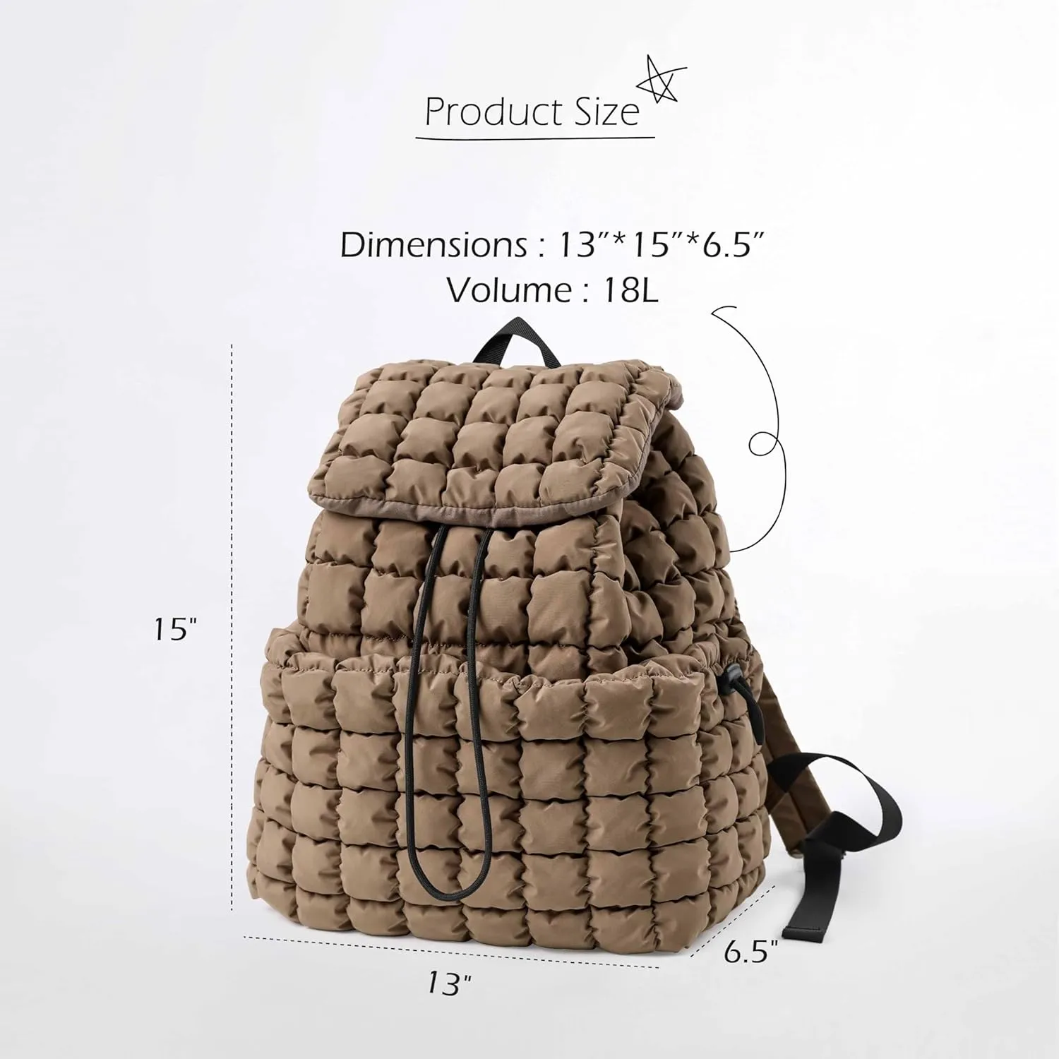 ODODOS Quilted Backpack 2.0 for Women Lightweight Puffer Hiker Pack Drawstring Padding Travel Gym Bag, Brown