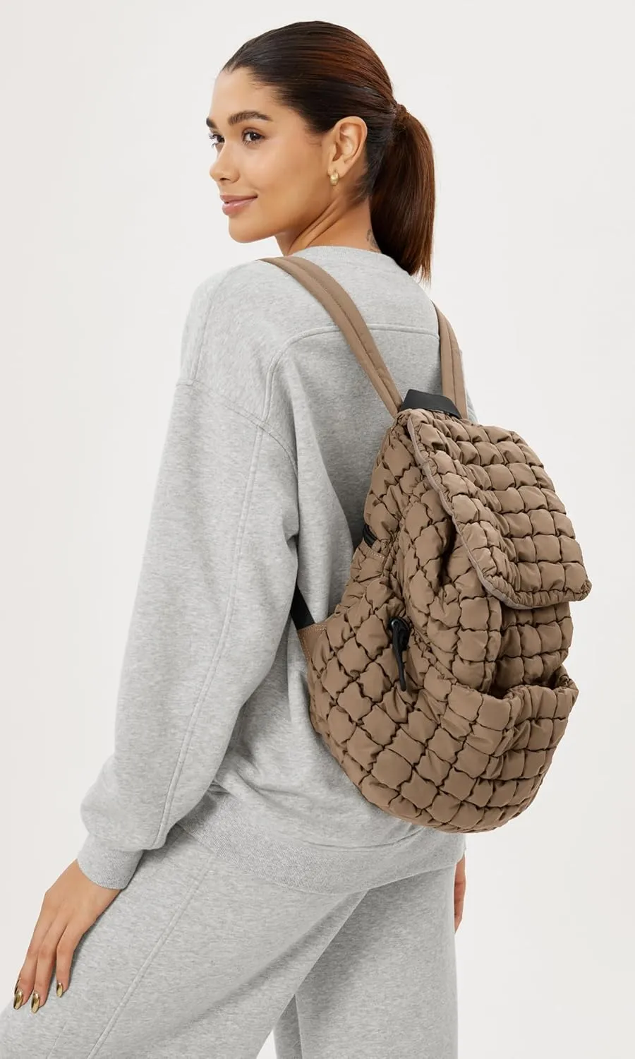 ODODOS Quilted Backpack 2.0 for Women Lightweight Puffer Hiker Pack Drawstring Padding Travel Gym Bag, Brown
