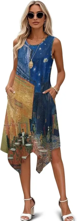Oil Painting Print Women's Summer Sleeveless Dress Swing Irregular Hem Dress with Pockets for Party Beach Dates