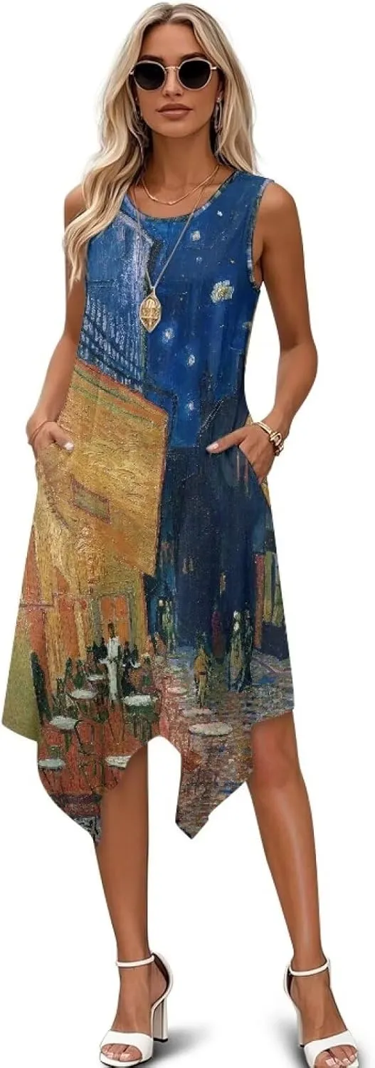 Oil Painting Print Women's Summer Sleeveless Dress Swing Irregular Hem Dress with Pockets for Party Beach Dates