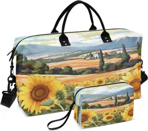 Oil Painting Sunflower Village Sports Gym Bag for Women Men Travel Duffel Bag Weekend Overnight Carry on Bag with Toiletry Bag Hospital Bag for Swimming Yoga Workout Hospital Plane