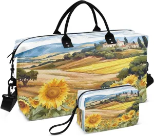 Oil Painting Sunflower Village Sports Gym Bag for Women Men Travel Duffel Bag Weekend Overnight Carry on Bag with Toiletry Bag Workout Dance Bag for Yoga Workout Swimming Hospital Plane