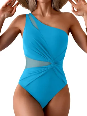 One Shoulder One Piecce Swimsuit for Women Mesh Tummy Control Bathing Suit Twist Swimwear