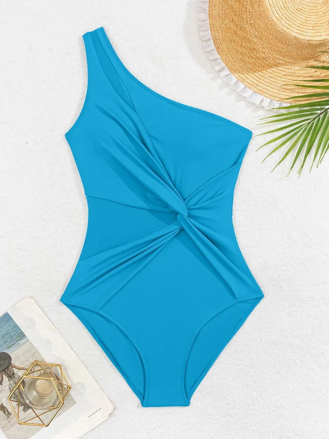 One Shoulder One Piecce Swimsuit for Women Mesh Tummy Control Bathing Suit Twist Swimwear