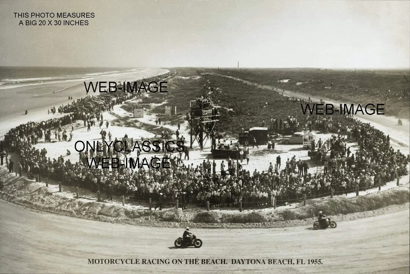 OnlyClassics 1955 MOTORCYCLE RACING AT DAYTONA BEACH FLORIDA 20x30 AERIAL PHOTO RACE ACTION