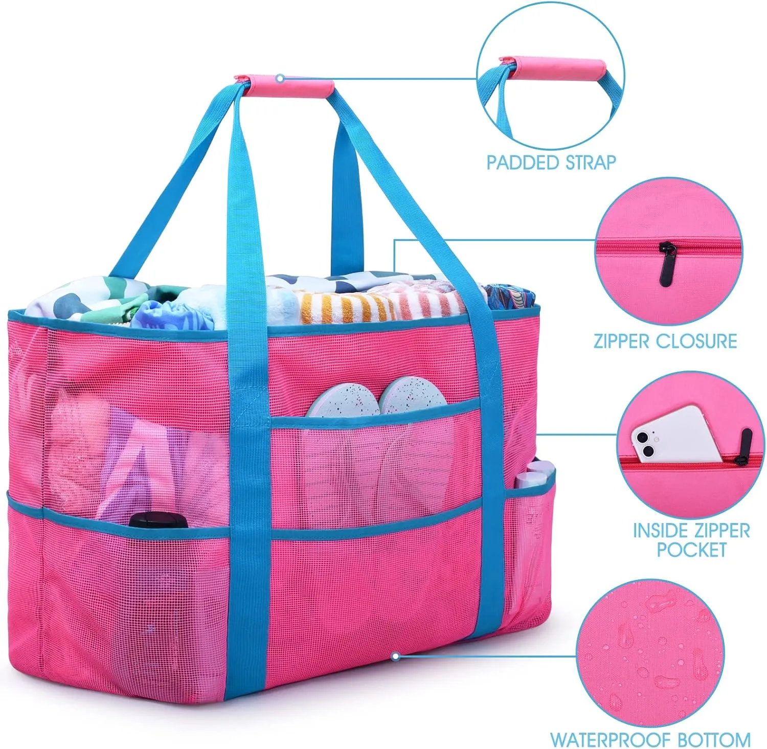 oscaurt Mesh Beach Bag Extra Large Waterproof Sandproof Beach Tote Pool Swim Bag Travel Vacation Essentials