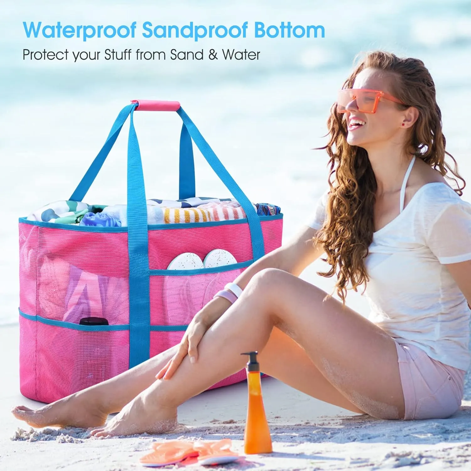 oscaurt Mesh Beach Bag Extra Large Waterproof Sandproof Beach Tote Pool Swim Bag Travel Vacation Essentials