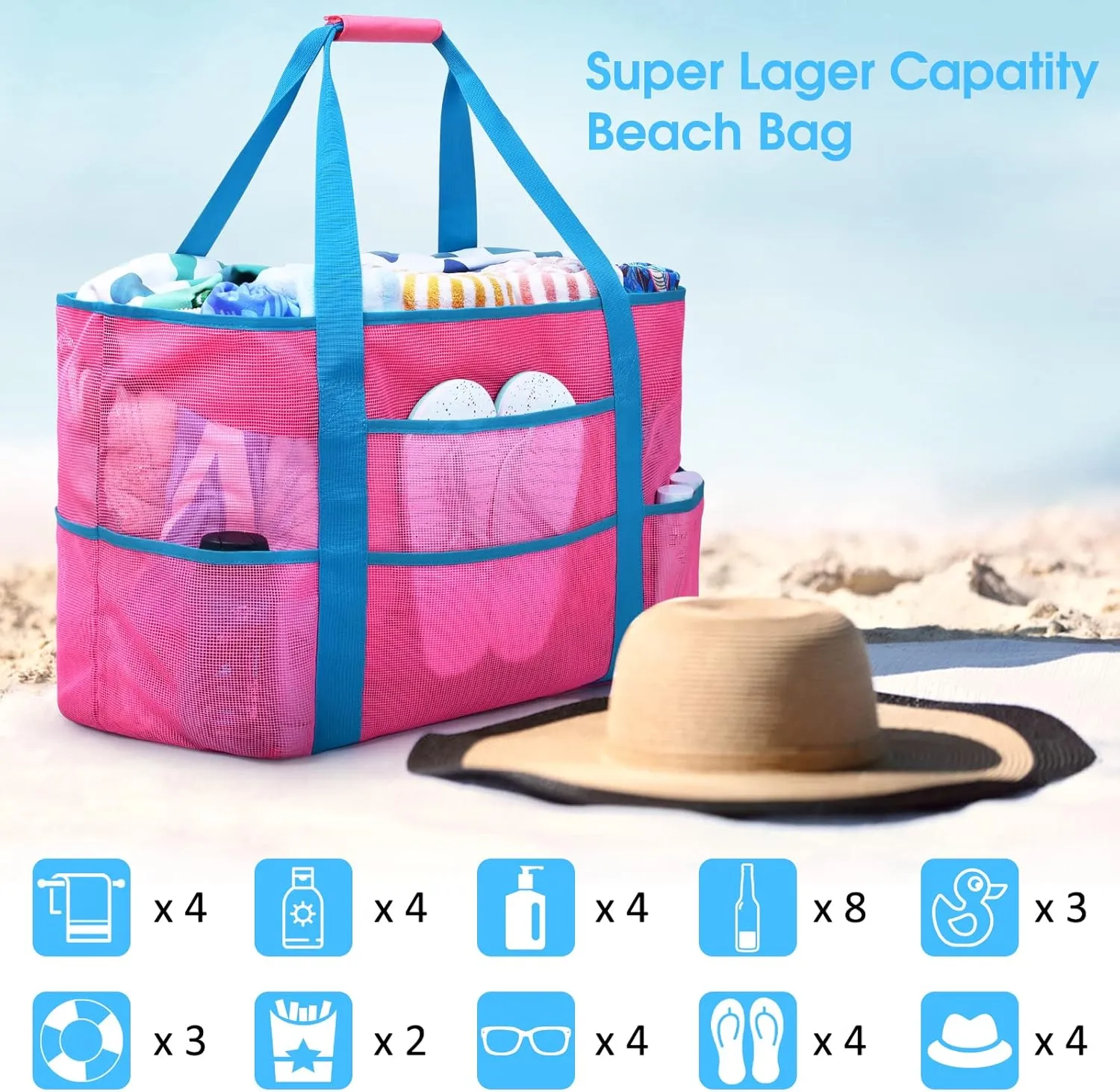oscaurt Mesh Beach Bag Extra Large Waterproof Sandproof Beach Tote Pool Swim Bag Travel Vacation Essentials