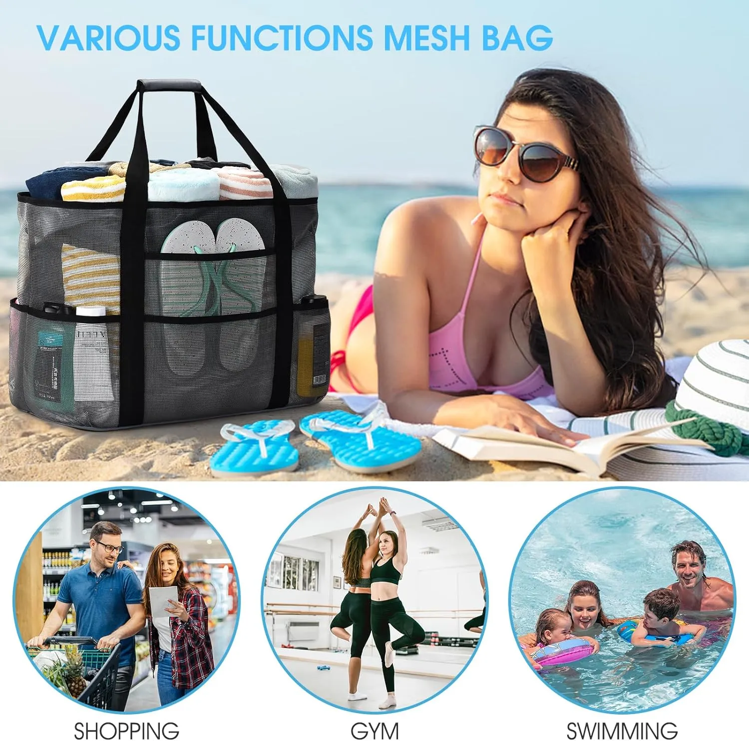 oscaurt Mesh Beach Bag Extra Large Waterproof Sandproof Beach Tote Pool Swim Bag Travel Vacation Essentials
