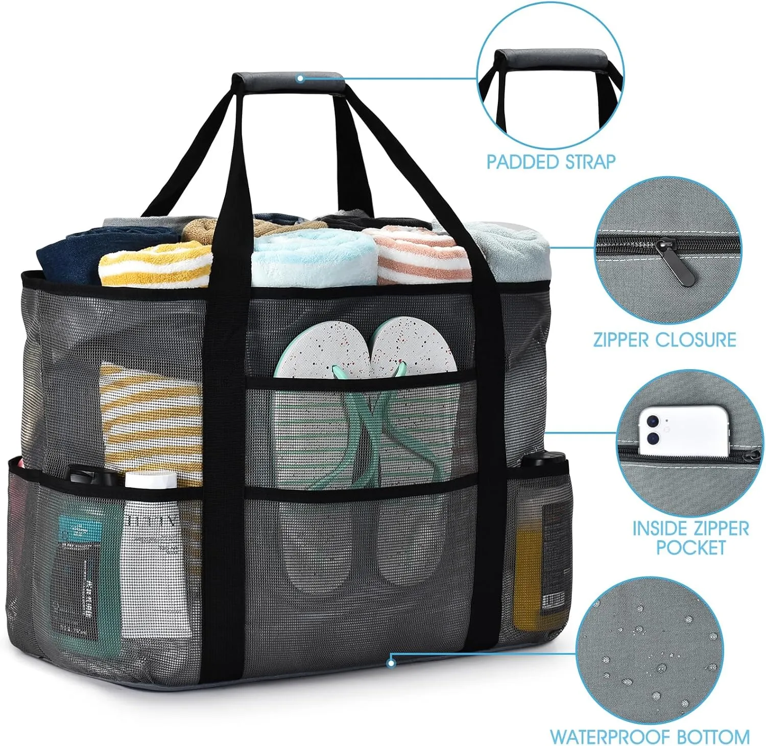 oscaurt Mesh Beach Bag Extra Large Waterproof Sandproof Beach Tote Pool Swim Bag Travel Vacation Essentials