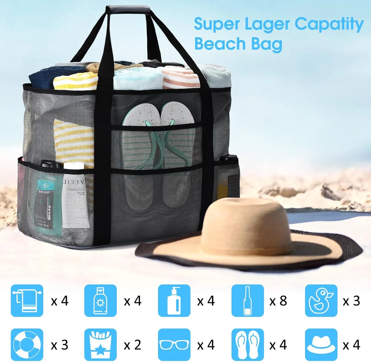 oscaurt Mesh Beach Bag Extra Large Waterproof Sandproof Beach Tote Pool Swim Bag Travel Vacation Essentials