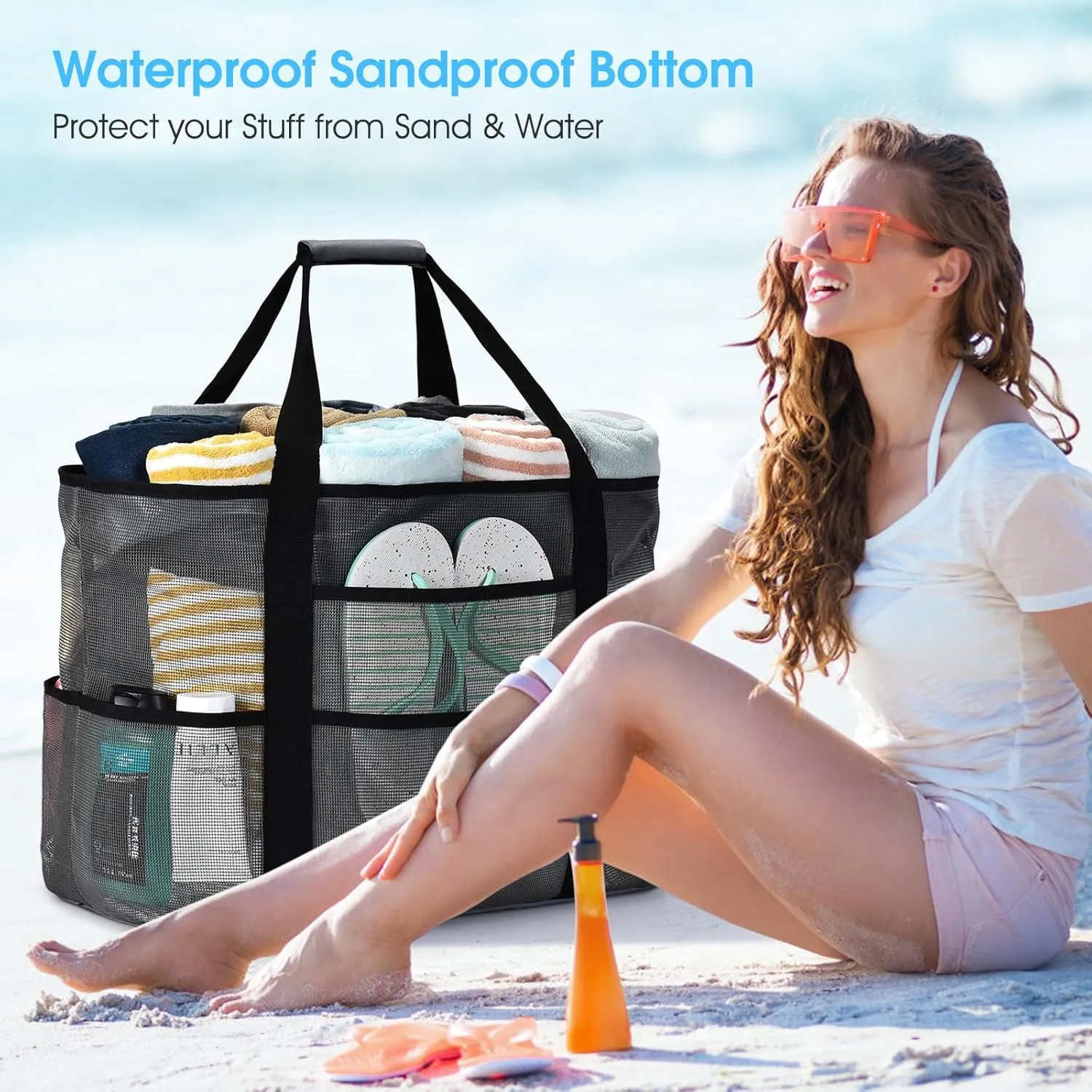 oscaurt Mesh Beach Bag Extra Large Waterproof Sandproof Beach Tote Pool Swim Bag Travel Vacation Essentials