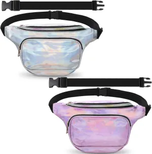 Oudain 2 Pcs Holographic Plus Size Fanny Pack for Women 80s Waist Packs with Extender Fanny Bag with Adjustable Belt Metallic Color Bag Large Capacity for Party Travel Festival Sports Silver, Pink