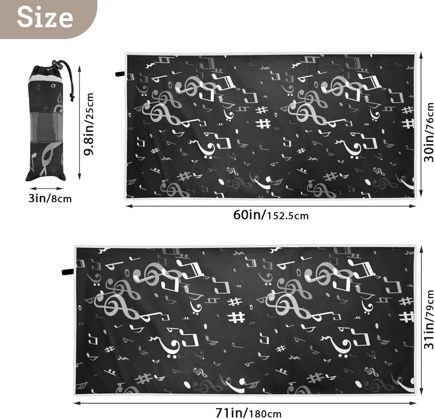 Oyihfvs Seamless Black White Melody Musical Notes on Dark Black Quick Drying Beach Towel, Foldable Yoga Towel, Soft Sport Towel, Sweat Absorbent Towel with Storage Mesh Bag 30 x 60 inch (S)