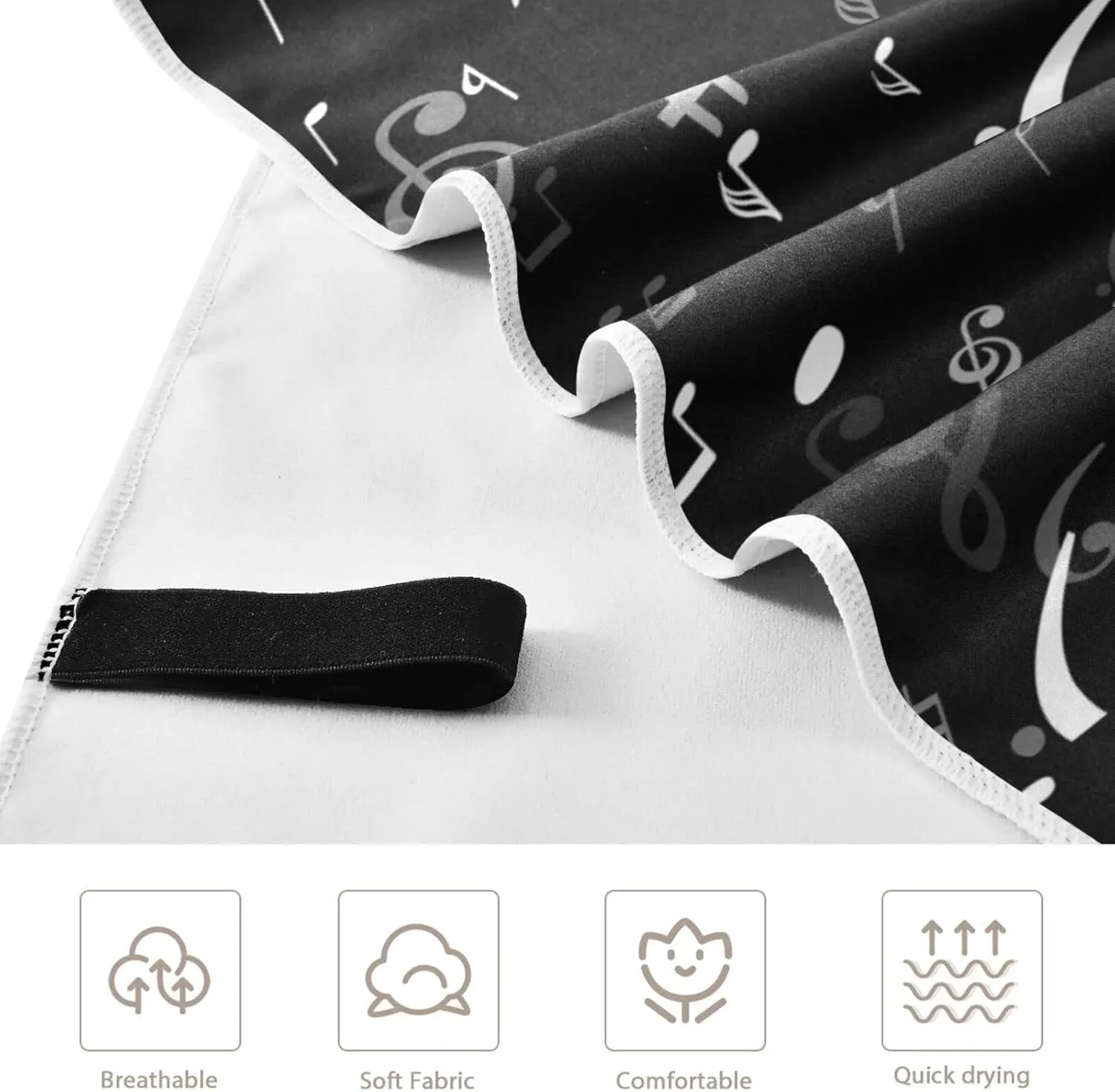 Oyihfvs Seamless Black White Melody Musical Notes on Dark Black Quick Drying Beach Towel, Foldable Yoga Towel, Soft Sport Towel, Sweat Absorbent Towel with Storage Mesh Bag 30 x 60 inch (S)
